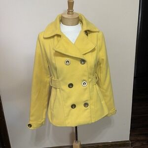 Mod Modele Yellow Collared Jacket Pea Coat Small Pockets Belt Buttons Washable